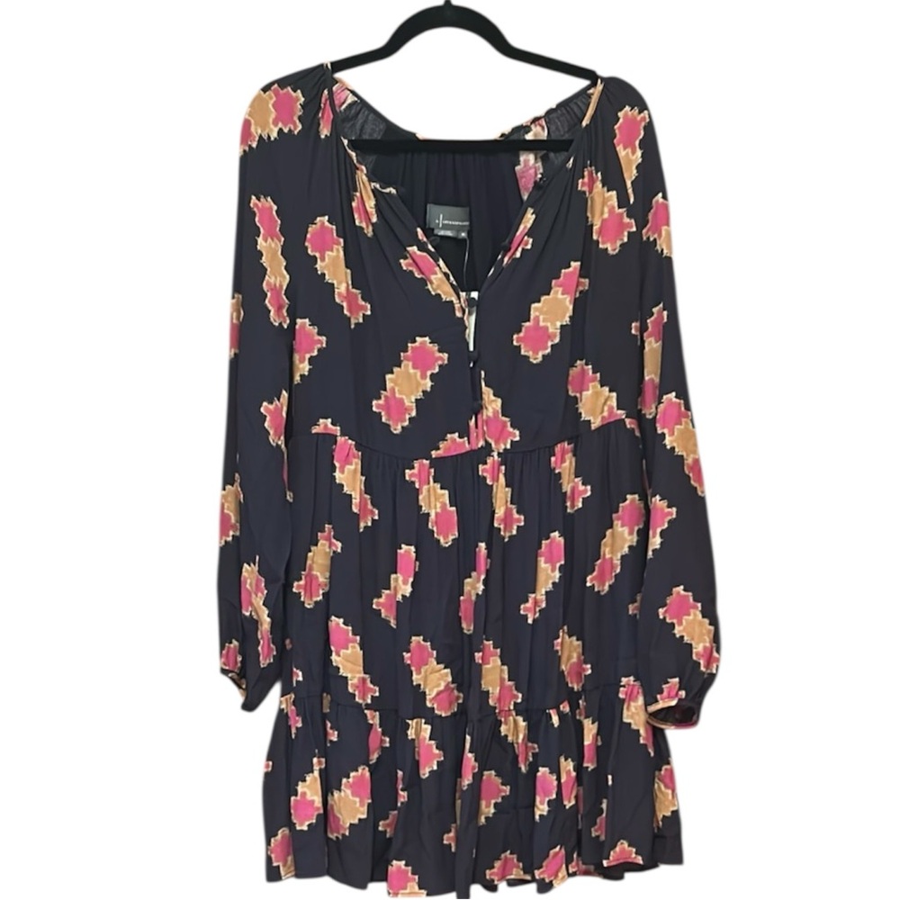 NWT By Anthropologie Chic Navy Dress with Pink and Orange Pattern